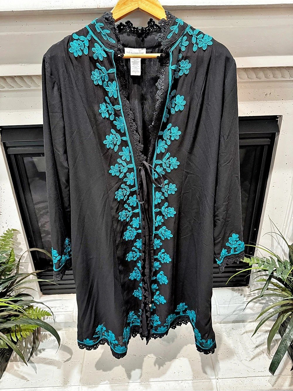 Soft Surroundings Padma Embroidered Open Duster Jacket in Black & Teal